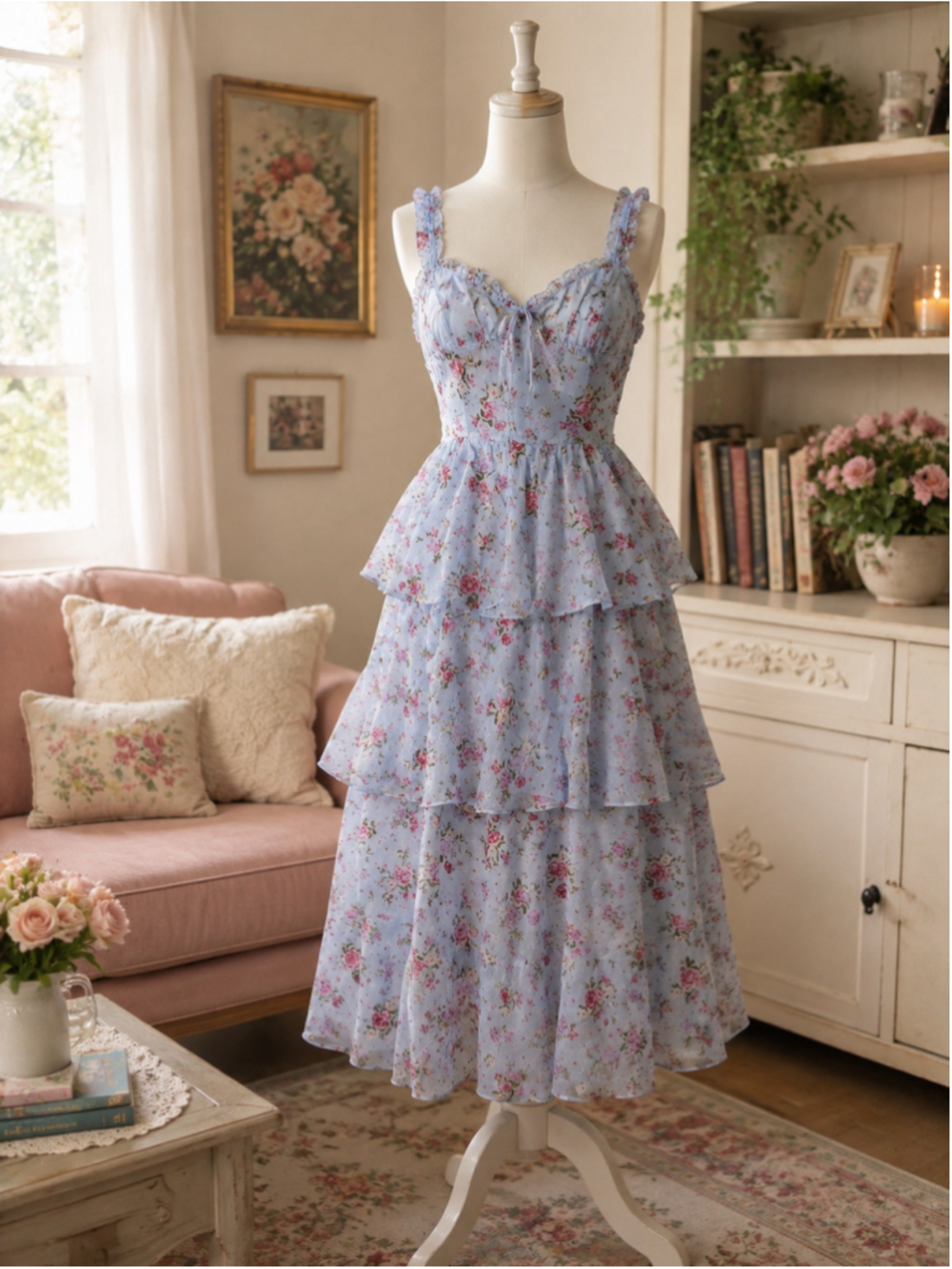 Audrey Parks Francesca’s Blue Floral Tiered Ruffle Dress Women’s L Cottagecore